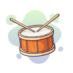 Vector illustration. Classical drum with crossed wooden drumsticks. Percussion musical instrument. Blues, jazz or rock equipment. Clip art with contour for graphic design. Isolated on white background