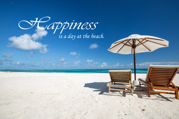 Sea sand sky with summer beach quote. Vacation holidays background wallpaper with palms and tropical beach. Positive quote and positive vibes, motivational, dreamy, inspirational beach landscape