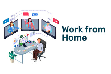 Work from Home Illustration. Isometric Teamwork distancing communication. Isometric Business worker character Collection. Vector