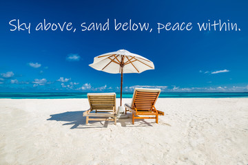 Sea sand sky with summer beach quote. Vacation holidays background wallpaper with palms and tropical beach. Positive quote and positive vibes, motivational, dreamy, inspirational beach landscape