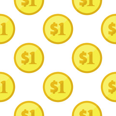 Golden one dollar coins seamless pattern. Repeating background with USA currency symbols. Money icons on white. Vector eps8 illustration.