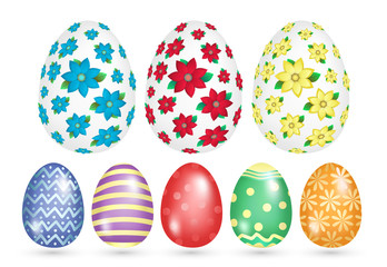 Hand drawn vector collection of many different colors eggs with patterns, lines, circles, flowers, leaves, glare, light, shadow. Сolorful doodle set illustration for Easter, greeting card, invitation