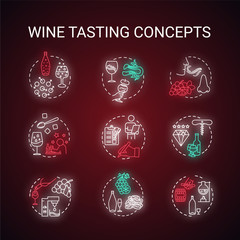 Wine tasting neon light concept icons set. Drink quality evaluation, alcoholic beverage degustation, winetasting idea. Glowing vector isolated RGB color illustration