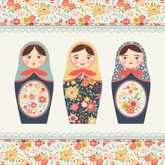 Set of illustrations with a Russian doll and border. Matryoshka. Different emotions