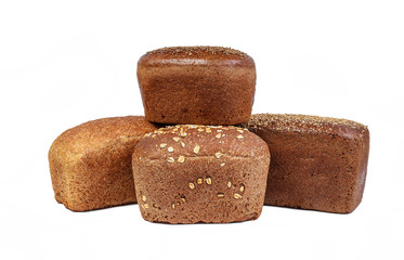 Bakery product. Bread. Beautiful composition with different bread on a white background. Isolate. Space for text. Top view and copy space for text.