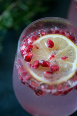 pomegranates in a lemon drink with sparkling water in a wine glass
