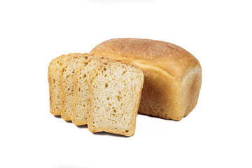 Fresh bakery product. Bread. White Uniform Wheat Bread isolated on white background. Top view and copy space for text.