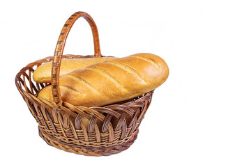Bakery product. Bread. Beautiful composition with wicker basket and different bread on a white...