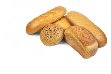 Bakery product. Bread. Beautiful composition with different bread on a white background. Isolate. Space for text. Top view and copy space for text.