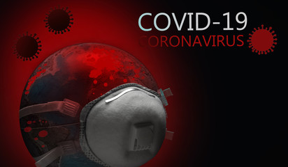 Coronavirus COVID-19. Coronavirus concept. Image of planet Earth in the form of a globe with a protective respirator on his face on a black and blood red background