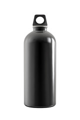 Black Glossy Metal Hiking or Cycling Sports Water Bottle with Bung for Carabiner. 3D Render Isolated on White Background.
