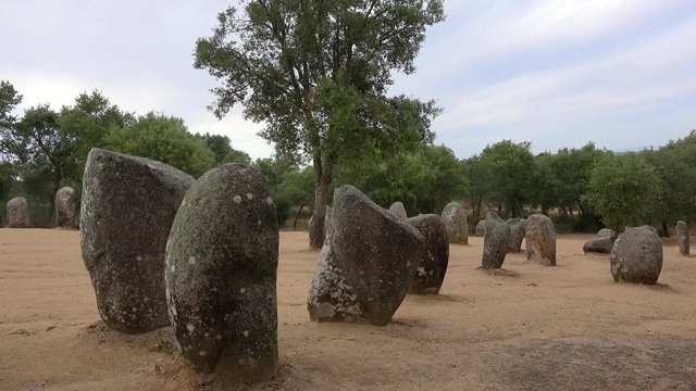 Almendres Cromlech megalithic complex at Evora district.  Guadalupe, Evora, Alentejo, Portugal.