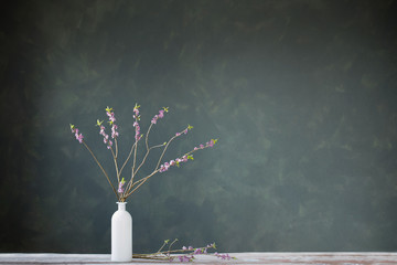 daphne flowers in vase on old wooden table on background green wall