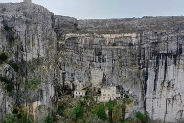 Fototapeta na wymiar Aerial view of the Grotto of Maria Magdalena in France, Plan D'Aups, the massif St.Baum, holy fragrance, famous place among religious believers, the Monastery of Dominican Friars