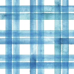 Photo sur Plexiglas Peindre et dessiner des lignes Motif sans couture à carreaux à rayures aquarelle. Rayures bleues sur fond blanc