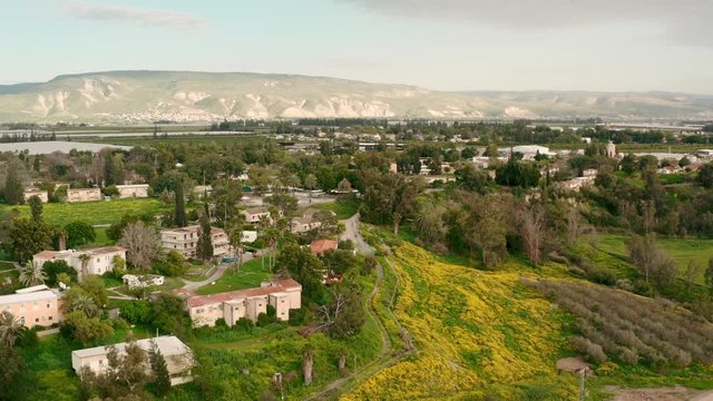 View of the Israeli Kibbutz Bet Zera. top view . UHD video