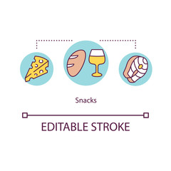 Snacks concept icon. Tasty dish to go with wine. Fish stake. Bread and cheese. Wine tasting event idea thin line illustration. Vector isolated outline RGB color drawing. Editable stroke