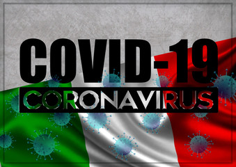 COVID-19 - Illustration - quarantine and prevention concept against the coronavirus outbreak and pandemic. Text writed with background of waving flag of Italia 3D illustration.