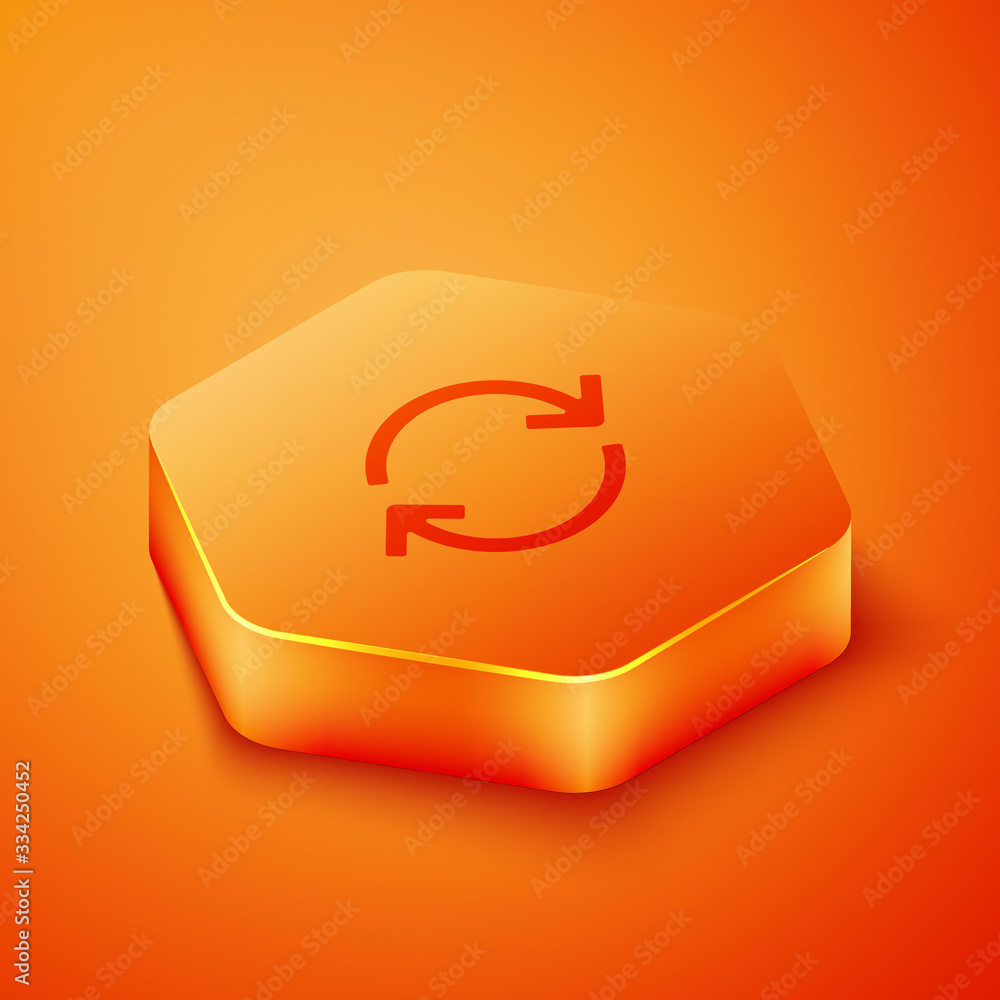 Poster isometric refresh icon isolated on orange background. reload symbol. rotation arrows in a circle sig