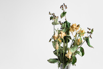 Bouquet of wilted flowers on a white background