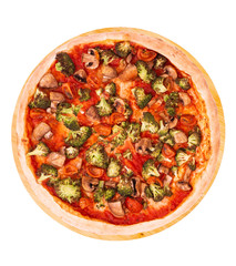 Pizza with veggie vegetables top view, on bamboo bottom isolate