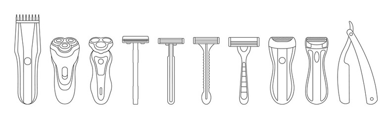 Razor isolated outline set icon. Vector illustration shaver on white background . Vector outline set icon accessory for shave.