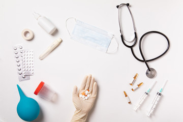 Virus pandemic protection concept. Coronavirus pandemic. Medical concept. Top view. Flat lay
