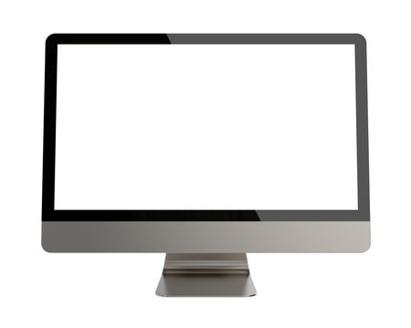 Front View of Empty Blank PC Monitor Isolated on White Background. Realistic 3D Illustration of Metal Modern Sleek Screen.
