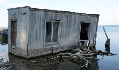 Old flooded houses near the lake.