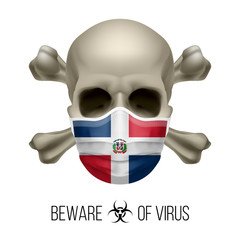 Human Skull with Crossbones and Surgical Mask in the Color of National Flag Dominican Republic. Mask in Form of the Flag and Skull as Concept of Dire Warning that the Viral Disease Can be Fatal.