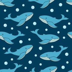 Obraz premium Blue whale pattern design. Seamless pattern with whales. Ocean animals background.