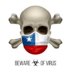 Human Skull with Crossbones and Surgical Mask in the Color of National Flag Chile. Mask in Form of the Chilean Flag and Skull as Concept of Dire Warning that the Viral Disease Can be Fatal