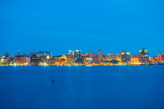 Halifax City Skyline At Night From Dartmouth Waterfront, Nova Scotia NS, Canada.