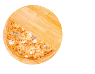 Half of pizza five cheeses on bamboo bottom, isolate, top view, space for text