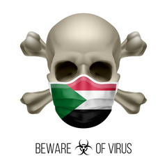 Human Skull with Crossbones and Surgical Mask in the Color of National Flag Sudan. Mask in Form of the Sudanese Flag and Skull as Concept of Dire Warning that the Viral Disease Can be Fatal