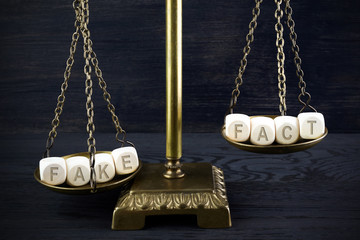 Fake news concept. Scale with wooden cubes fake and fact on dark wooden background.