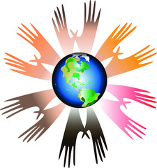  The unity of people. Stylized image of palms in a circle. Rosette of people’s hands. Cooperation. Togetherness. An association. Friendship. Mercy. Our planet.