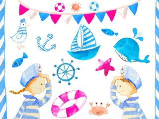 Marine style Icon set, children, flotation ring,  whale, anchor, starfish, crab, bird
