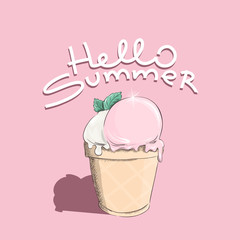 Hello summer, hot season, summer desserts , delicious ice cream. Color flat hand drawn vector illustration of vacation time for design t-shirts typography cards and posters. . Cartoon style.