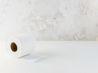 Roll of toilet paper on a light background. Horizontal orientation, copy space.