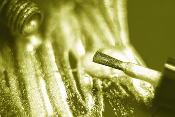 Close-up on brushes and shining powder. Very shallow focus on the tip of the brush. The texture of...