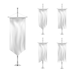 Vertical banners hanging on a metal flagpole white flags template.