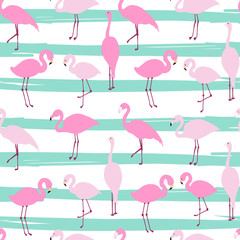 Modern seamless vector floral tropical pattern background with pink flamingos. Beautiful birds on abstract blue waves backdrop. Textile print for clothing - 334257687