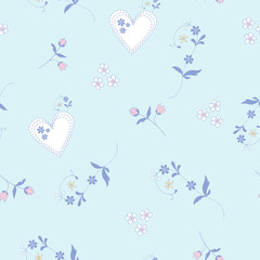 Seamless Floral Vector Pattern with hearts and small romantic flowers for decoration, textile, print, stationery, fabric