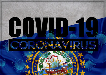 COVID-19 - quarantine and prevention concept against the coronavirus outbreak and pandemic. Text writed with background of waving flag of the states of USA. State of New Ampshire 3D illustration.