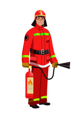 Firefighter in red uniform with fire extinguisher
