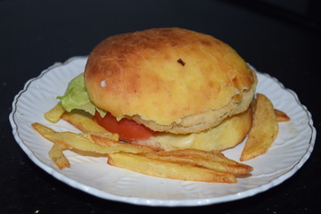 Burger made from home made bun and patties