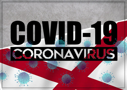 COVID-19 quarantine and prevention concept against the coronavirus outbreak and pandemic. Text writed with background of waving flag of the states of USA. State of Alabama 3D illustration.