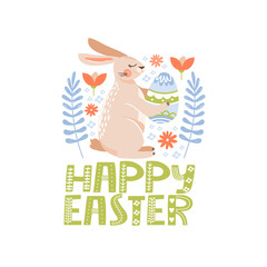 Happy Easter greeting card with cute bunny, egg, flowers, leaves and lettering. Rabbit holding an egg. Vector illustration for card, invitation, poster, flyer etc.