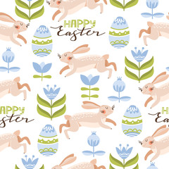 Naklejka premium Easter seamless pattern with cute bunnies, egg, flowers, leaves and lettering. Texture for textile, postcard, wrapping paper, packaging etc. Vector illustration.